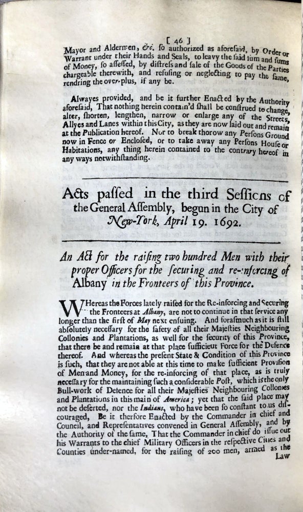 Item #3187 Facsimile of the Laws and Acts of the General Assembly for their Majesties Province of New York. At New York printed and sold by William Bradford, printer to their Majesties King William & Queen Mary, 1694. Edited and annotated by Robert Ludlow Fowler. Theodore Low DE VINNE, printer.