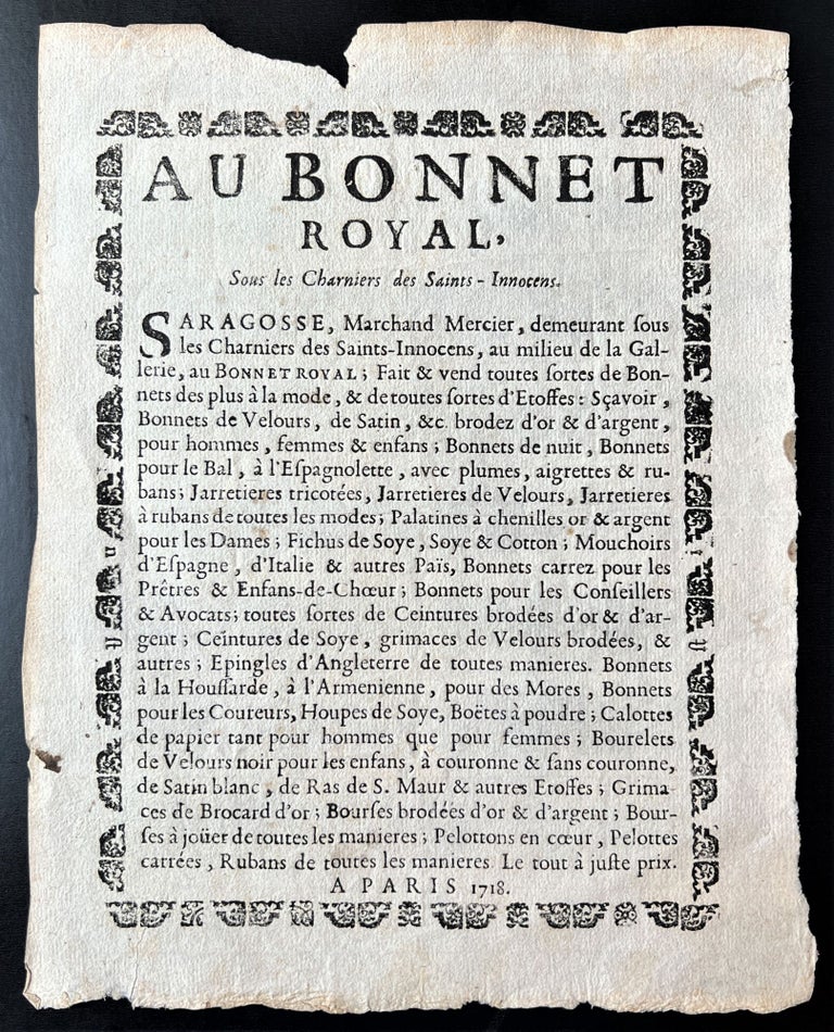 Item #4157 Au Bonnet Royal, Sous les Charniers des Saints-Innocens. BONNET-MAKER’S ADVERTISEMENT.