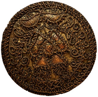 Item #4280 Small round box decorated with straw marquetry and embroidery. STRAW MARQUETRY...