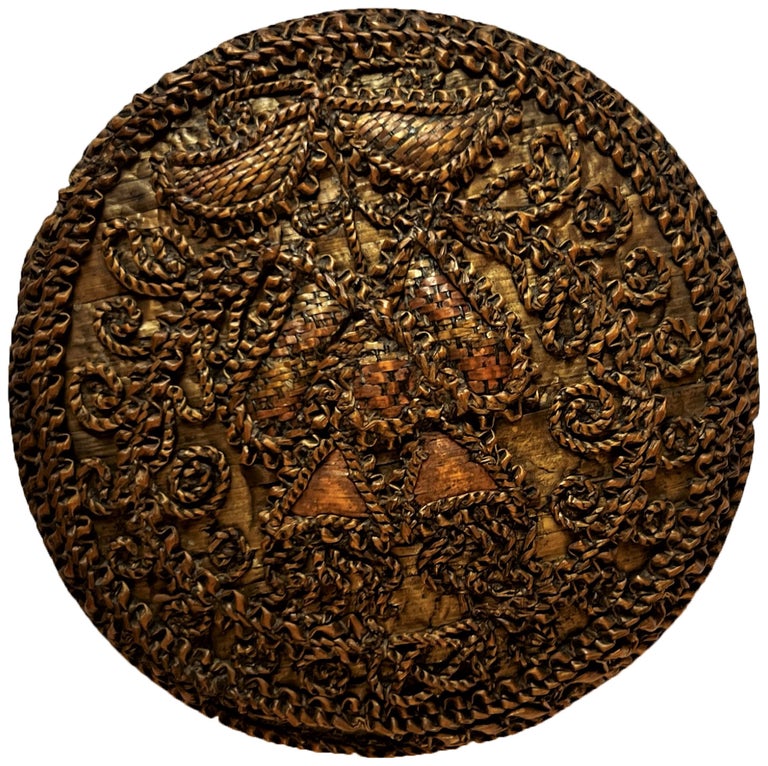 Item #4280 Small round box decorated with straw marquetry and embroidery. STRAW MARQUETRY.