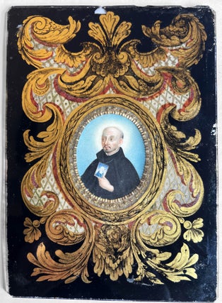 Item #4294 Medallion portrait on parchment within an elaborate enameled vitrified brass frame....