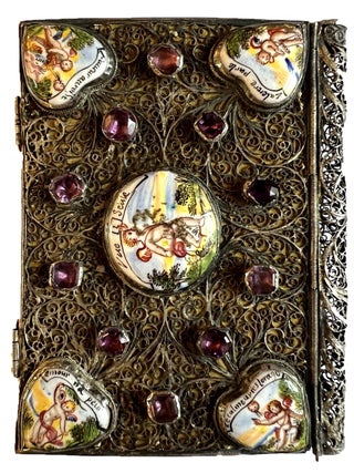 Item #4426 A miniature silver binding decorated with painted enamel plaques and glass...