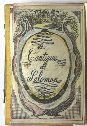 A miniature silver binding decorated with painted enamel plaques and glass “jewels.”