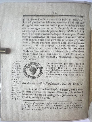 Lettre d’un fabriquant de Lyon, à un Négociant de Paris, sur les vertus & avantages de l'Essence Vestimentale du Sieur Dupleix.